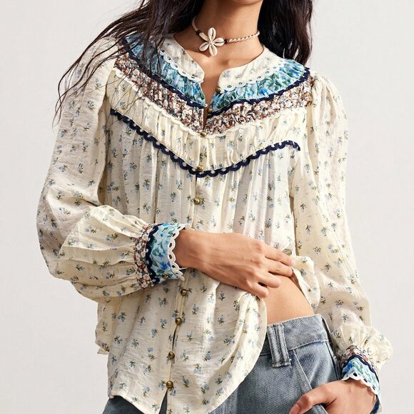 Blue Boho Casual Women's Country Vacation Woven Print Long Sleeve Loose Blouse - Picture 6 of 8
